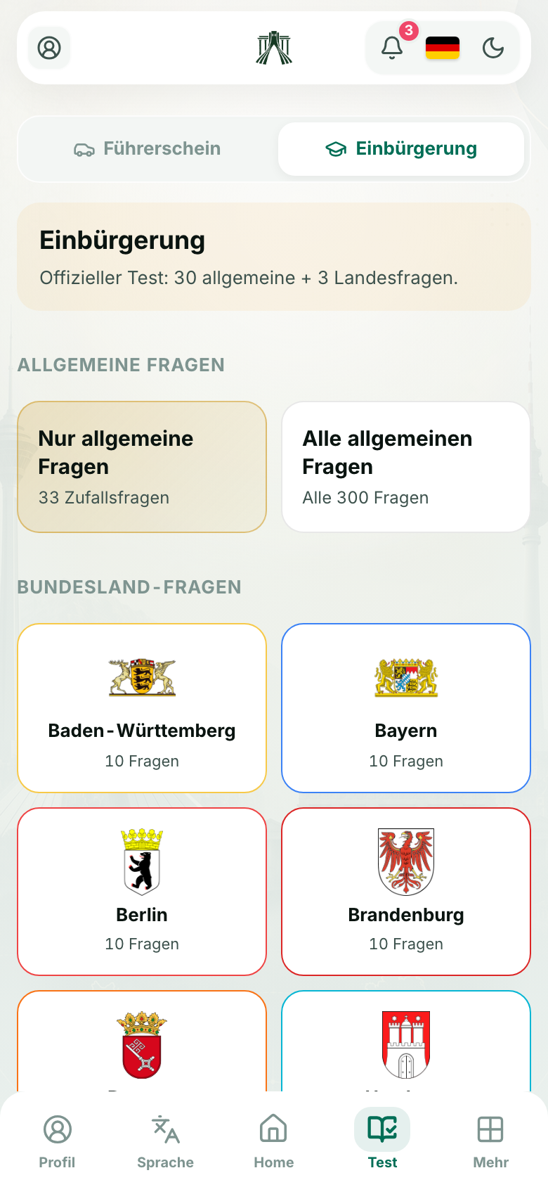 Einbürgerung and driving test screen